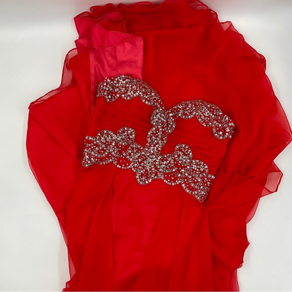 Mac Duggal Strapless Red Gown with Silver Detailing - Picture 2 of 16